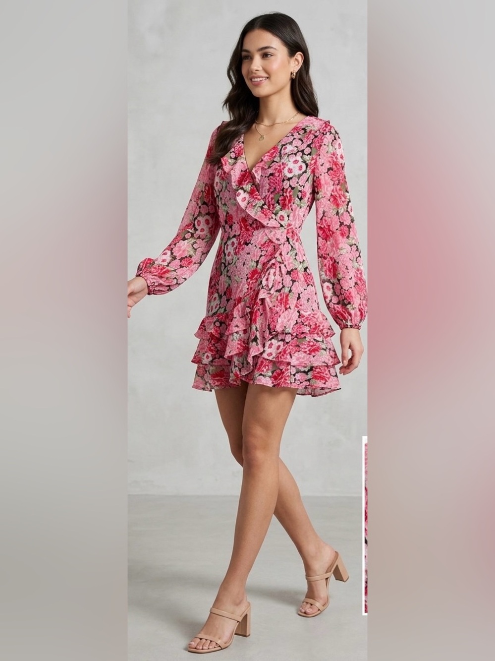 Bardot Triple Frill Dress in Pink Gardenia Floral Wrap Mini XS